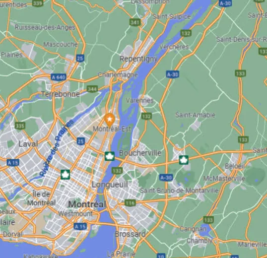 Carte de la Rive-Sud de Montréal montrant Longueuil, Brossard, Chambly et Carignan
